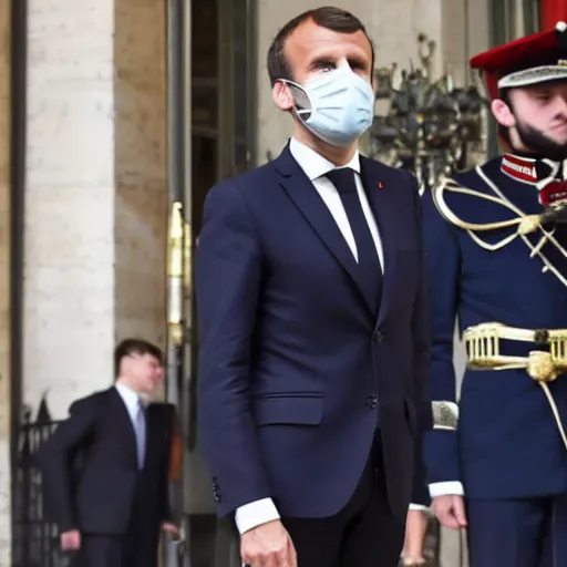 Image similar to emmanuel macron getting kicked out of the elysee palace, full body shot, highly - detailed, sharp focus, award - winning