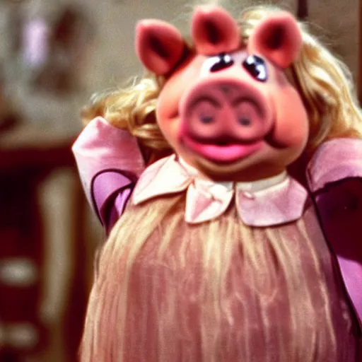 Prompt: Miss Piggy in Wild at Heart, movie stills photography,