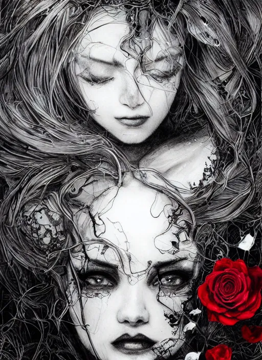 Prompt: portrait, A beautiful dark witch in front of the full big moon, book cover, red roses, red white black colors, establishing shot, extremly high detail, foto realistic, cinematic lighting, pen and ink, intricate line drawings, by Yoshitaka Amano, Ruan Jia, Kentaro Miura, Artgerm, post processed, concept art, artstation, matte painting, style by eddie, raphael lacoste, alex ross