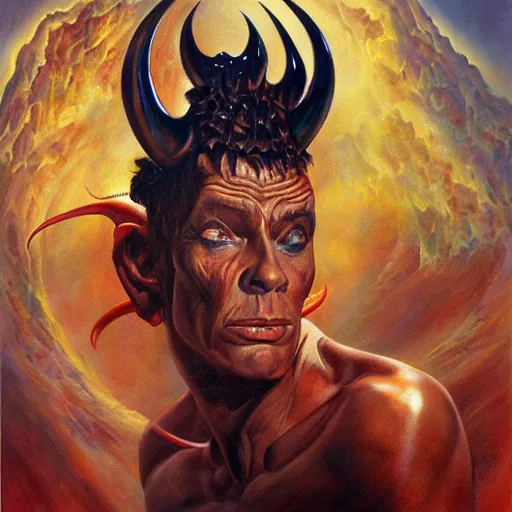 Prompt: detailed portrait of satan if he never fell from heaven lived intricate, hyper detailed, realistic, oil painting, by julie bell, frank frazetta, cinematic lighting