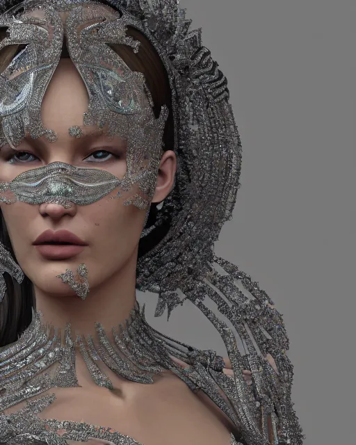 Image similar to a highly detailed metahuman 8 k close up render of bella hadid renaissance in iris van herpen dress schiaparelli in diamonds crystals swarovski and jewelry iridescent in style of alphonse mucha trending on artstation made in unreal engine 4