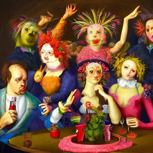 Image similar to young people in a fancy nightclub dancing and drinking, partylights, great colors, in the style of giuseppe arcimboldo, trending on artstation