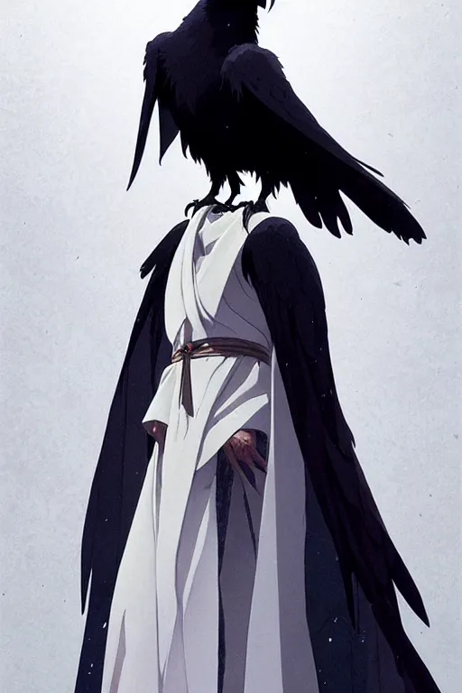 Image similar to raven headed warlock doing magic spells wind, white robes, finely detailed perfect face, exquisite details, mid view, design on a white background, by studio muti, greg rutkowski makoto shinkai takashi takeuchi studio ghibli