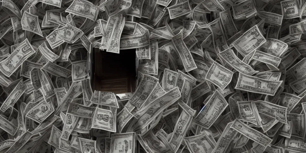 Image similar to a film still of cash money piling up in a vault, shallow depth of field, cinematic, award winning cgi, vfx, film still cfg _ scale : 1 8. 0