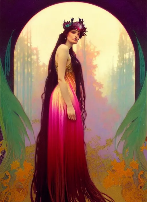 Image similar to ombre velvet gown, feathers, vivid colors, lovely dark autumn princess, portrait, long hair, tiara, jeweled choker, by alphonse mucha, brom, greg rutkowski, anato finnstark