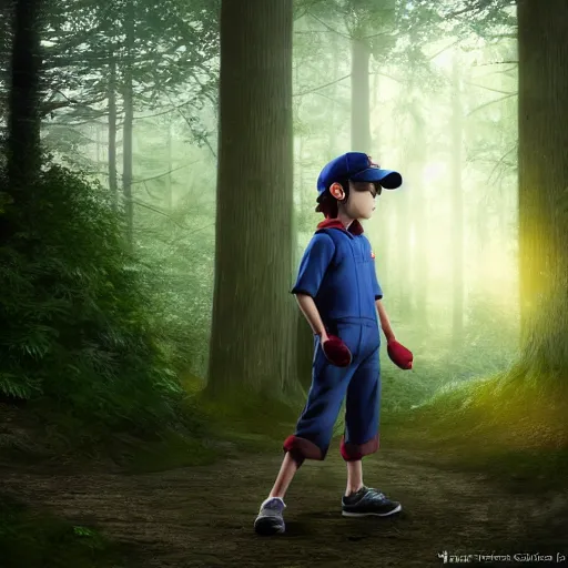 Image similar to realistic photo of ash ketchum in a forest, well lit, real, photogenic, detailed, 8 k, global illumination