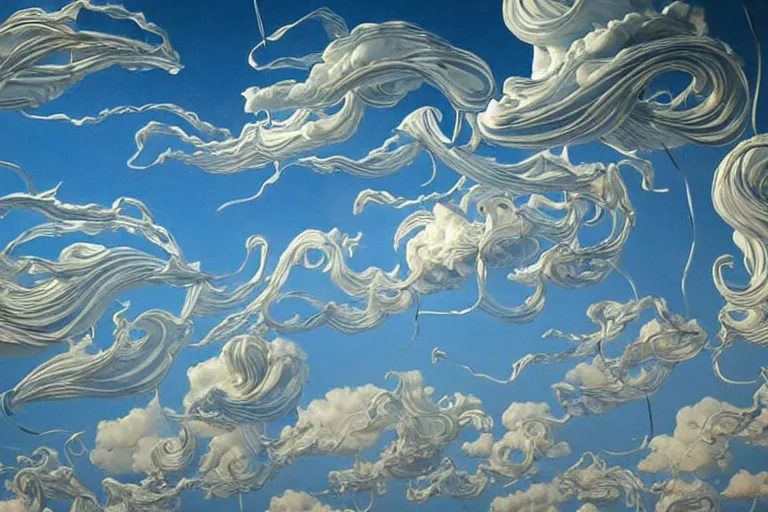 Image similar to a huge flock of many elaborate intricate smooth sculptural whirling elegant clouds puffy filigreed twisting turning cloud sculptures, tornadoes, art nouveau military environment, soothing, crepuscular, award winning art, epic dreamlike fantasy landscape, ultra realistic,