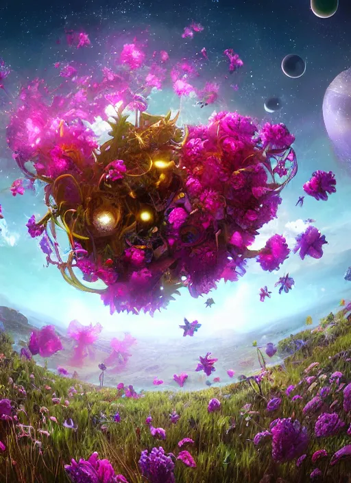 Image similar to An epic fantastic realism comic book style painting of the most beautiful flowers launched across the spiraling starry cosmos, nearby star, fisheye, unreal 5, DAZ, hyperrealistic, octane render, dynamic lighting