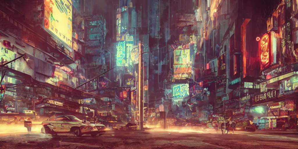 Image similar to a guatemalan solitary cyberpunk city, abandoned with neon ads and signs with evocative dramatic mood with blade runner vibe with cars and floating vehicles with motion blur with depth of field with bloom with lightshaft with volumetric lights, fog, by jeremy mann, oscar winning graphics, photo realistic, bloom, imax, dynamic lighting, artstation,