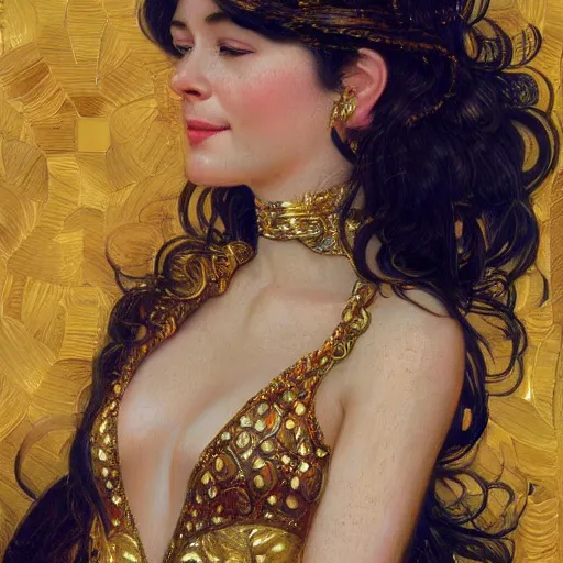 Image similar to portrait of a smiling, beautiful, pale skin eastern european female with long black hair, dark brown eyes, elegant clothing, photorealistic, highly detailed, artstation, smooth, sharp focus, gold ornaments, neon lighting, sci - fi, art by gustav klimt, artgerm, greg rutkowski and alphonse mucha