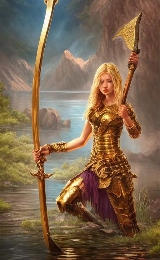 Image similar to lake godness holding gold axe and sliver axe, highly detailed, d & d, water everwhere fantasy, highly detailed, digital painting, trending on artstation, concept art, sharp focus, global illumination, ray tracing, illustration, art by artgerm and greg rutkowski and fuji choko and viktoria gavrilenko and hoang lap