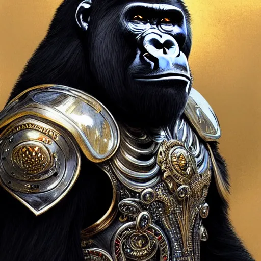 Image similar to Portrait of a gorilla wearing ornate chrome knight’s armor, D&D, fantasy, intricate, elegant, highly detailed, digital painting, artstation, concept art, matte, sharp focus, illustration, art by Artgerm and Greg Rutkowski and Alphonse Mucha, portrait