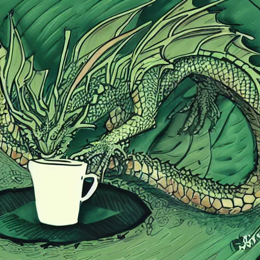 Image similar to a green dragon drinking a cup of tea