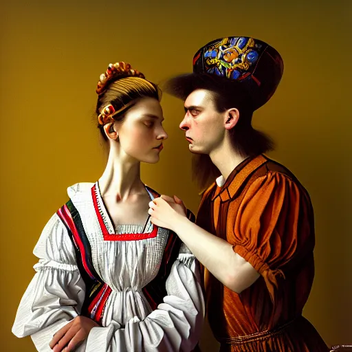 Prompt: hyperrealism photography in caravaggio style computer simulation visualisation of parallel universe sit - com scene with beautiful highly detailed ukrainian woman wearing ukrainian traditional shirt designed by taras shevchenko and woman wearing neofuturistic neural interface by josan gonzalez. hyperrealism photo on pentax 6 7, kodak portra 4 0 0 volumetric natural light - s 1 5 0