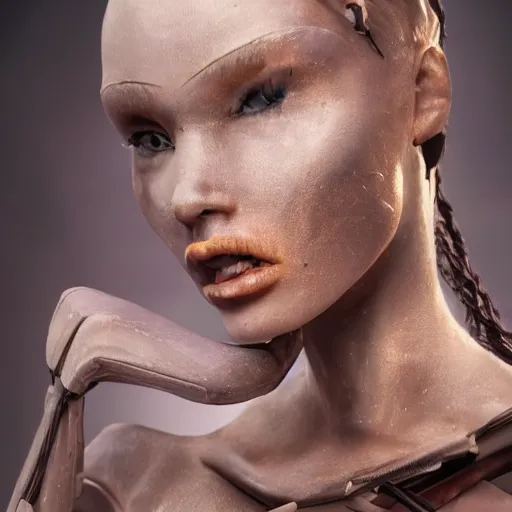 Image similar to photographic stil of beautiful model, a human robot woman, beautiful artificial body with artificial bones and artificial flesh, westworld style, medium - shot, insanely detailed, photorealistic, beautiful soft light, octane render, by annie leibowtiz