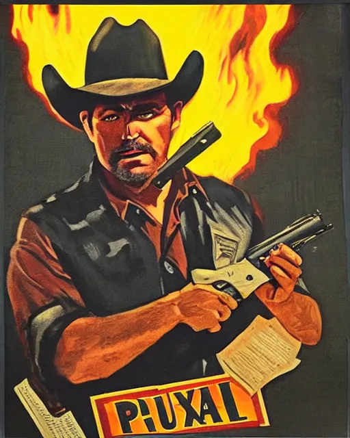 Prompt: “ a pulp poster, illustration of a texas cowboy on fire, movie premiere poster, close up, portrait, dramatic, 1 9 6 0 s, highly detailed, brandishing a gun ”