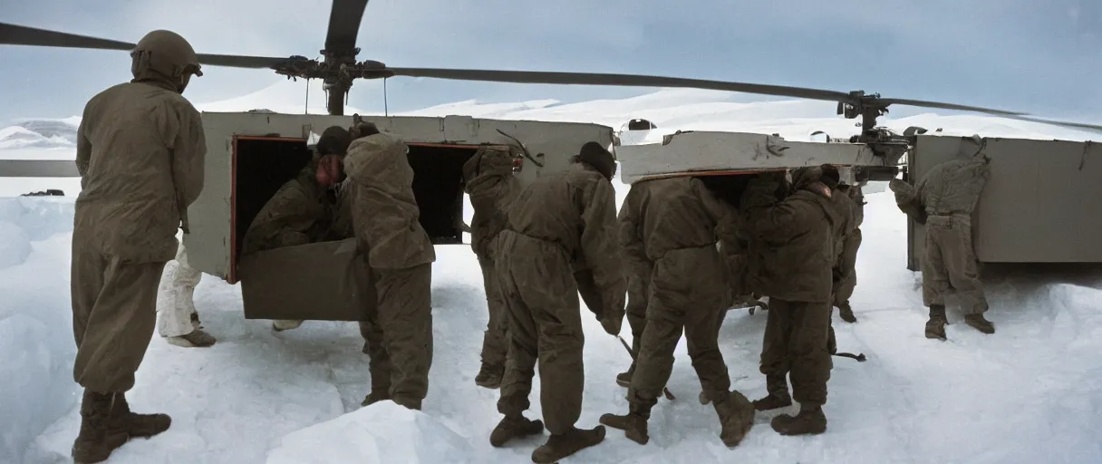 Prompt: extreme closeup color movie like 3 5 mm photograph of a middle aged caucasian us soldiers unloading dark grey metal rectangular crate from a black military 1 9 8 2 helicopter at a top secret military base in antarctica