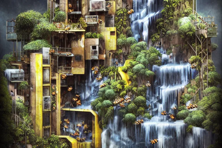 Image similar to brutalist waterfall favela honeybee hive, art nouveau environment, magma, industrial factory, award winning art, epic dreamlike fantasy landscape, ultra realistic,