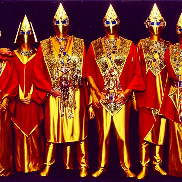 Image similar to members of esoteric cult standing next to inverted pyramids, ektachrome hyper realistic and detailed, wear heavy red ornemental costumes and elongate gold masks and jewels