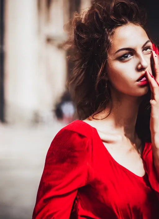 Image similar to close up portrait of beautiful Italian woman, wearing a red outfit, well-groomed model, candid street portrait award winning