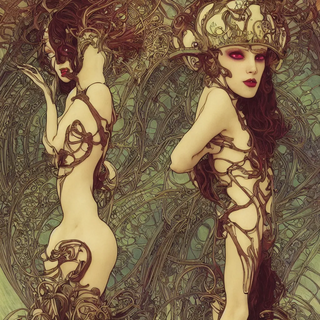Image similar to a dramatic art nouveau panorama portrait of a malevolent and seductive alien space queen, perfectly symmetrical facial features, beautiful confident eyes, photorealism, by alphons mucha, bill sienkiewicz, geof darrow, travis charest and ralph bakshi, sensual volumetric lighting, vray render, zbrush, artstation, deviantart, the liberator