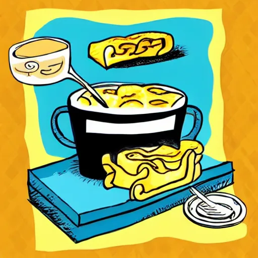 Prompt: a hand drawn cartoon illustration of a box of mac and cheese holding a cup of mac and cheese