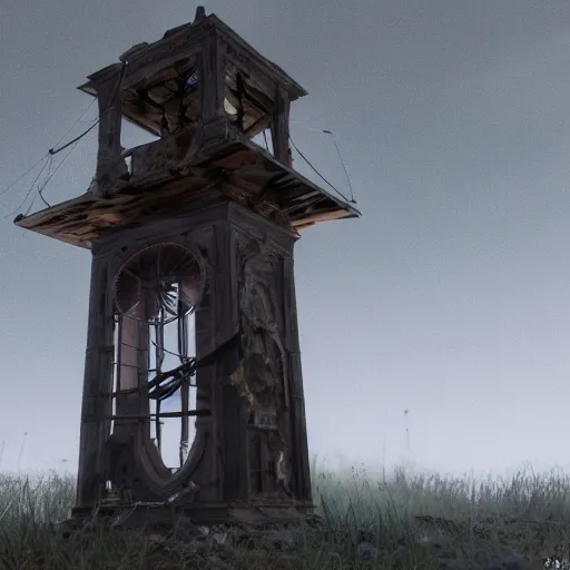 Image similar to an abandoned old rusty clocktower in a dark enormous cave, Low level, digital art, unreal engine, WLOP, trending on artstation, 4K UHD image, octane render dynamic lighting, cinematic, establishing shot, extremely high detail, photo realistic, cinematic lighting, watercolor, intricate line drawings, 8k resolution