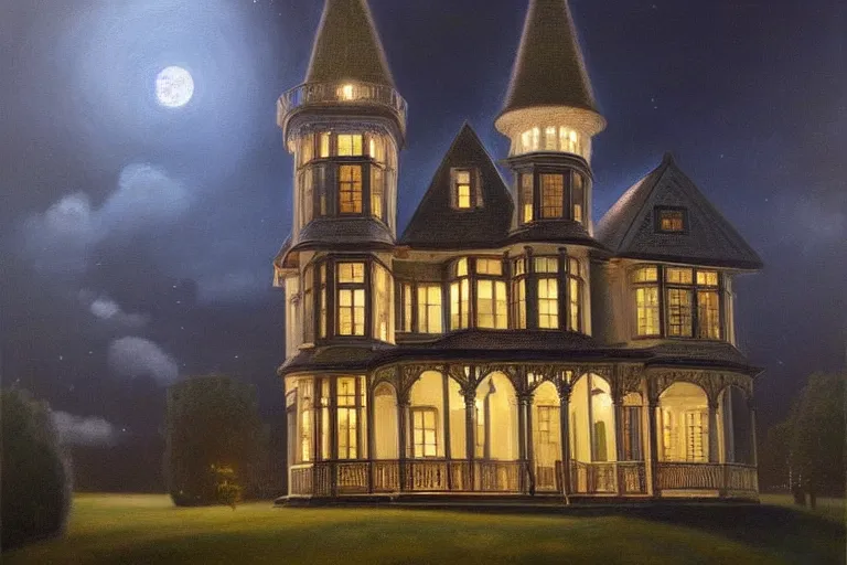 Image similar to a beautiful hyperrealistic painting of a victorian house with a tower at night, very detailed by samuel and joseph newsom, harry potter