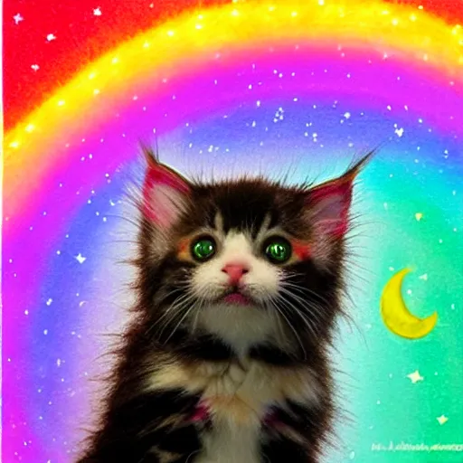 Image similar to of a very proud fluffy rainbow kitten howling at moon with a glowing rainbow aura