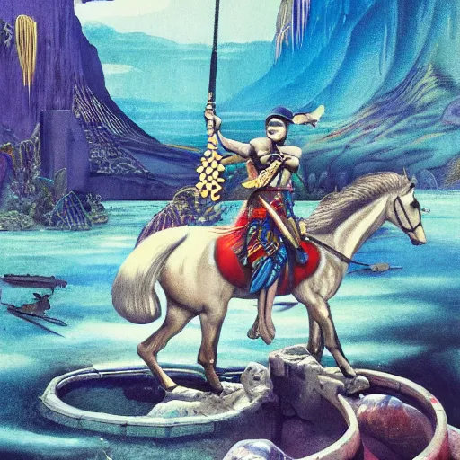 Prompt: a exotic metro pollynsdian warrior riding horse through a river, painted by jorgihno gisbana and takashi tokyo, style of ultra capitalism surrealism, surrealist artwork, ancho socialist styling