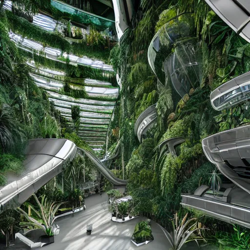 Prompt: stunning indoor jungle inside epic high technology biodome designed by zaha hadid, ultra detailed, highest quality, trending on artstation, award - winning design, 8 k