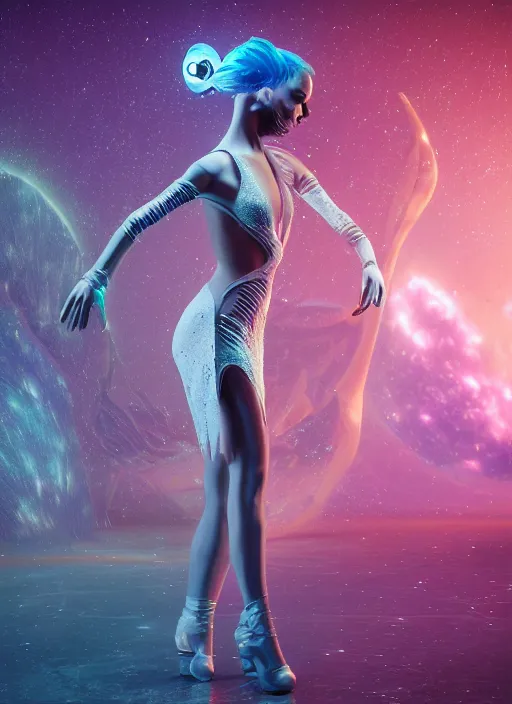 Image similar to photography of a futuristic space ballerina, in an colorful alien planet, ultra detail, beautiful light, high detail, 8 k, f / 2. 8, octane render