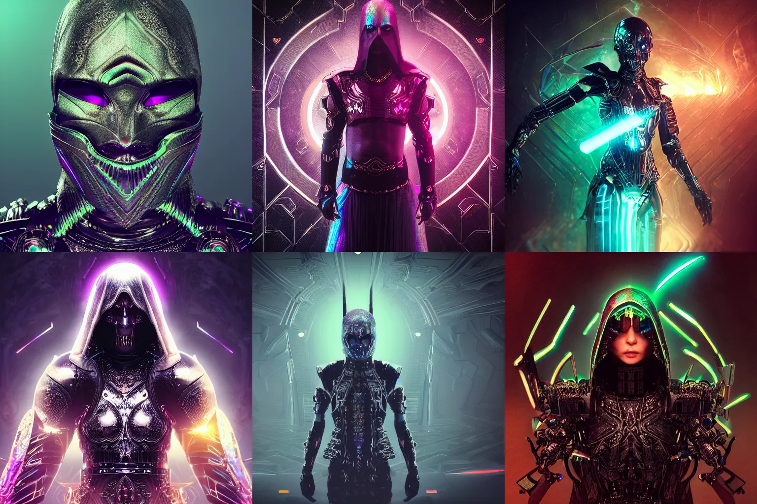 Prompt: “Highly detailed portrait of a powerful dark assassin entity being wearing iridescent shimmering cosmic gothic ninja armor made of circuitry (Epic scene, rich atmosphere, octane render, 8K)”