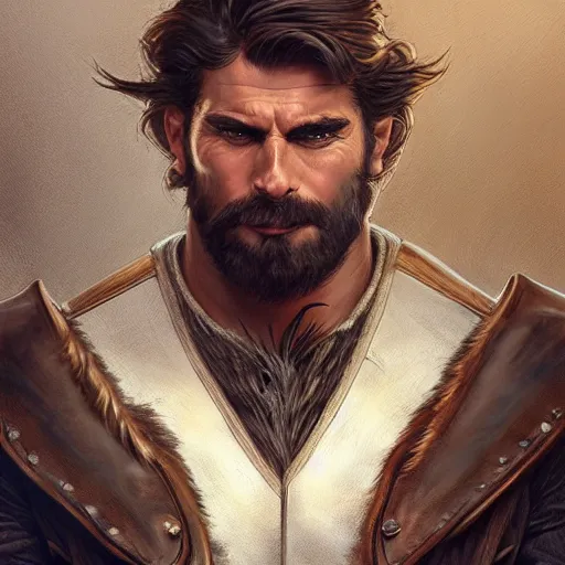 Image similar to portrait of a young, ruggedly handsome ranger, muscular, half body, leather, hairy, d & d, fantasy, intricate, elegant, highly detailed, digital painting, artstation, concept art, smooth, sharp focus, illustration, art by artgerm and greg rutkowski and alphonse mucha