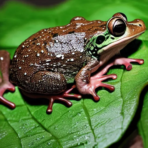 Prompt: a national geographic close-up photograph of a rat and frog on a giant leaf, in the rain.