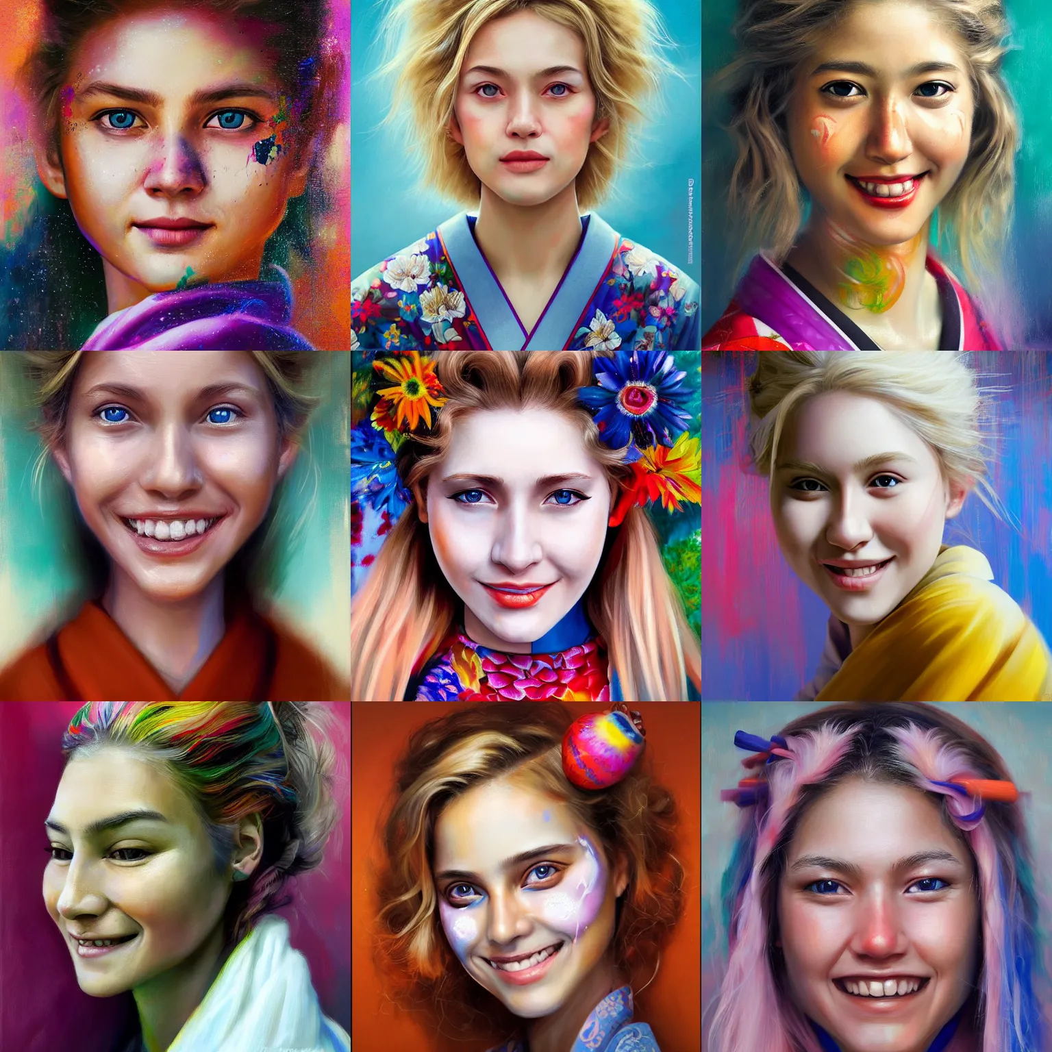 Prompt: stunning, breathtaking, awe - inspiring award - winning concept art face portrait painting by steve mccurry of a beautiful young smiling blonde white woman with short, wavy hair, wearing a colorful yukata, unreal engine, trending on artstation