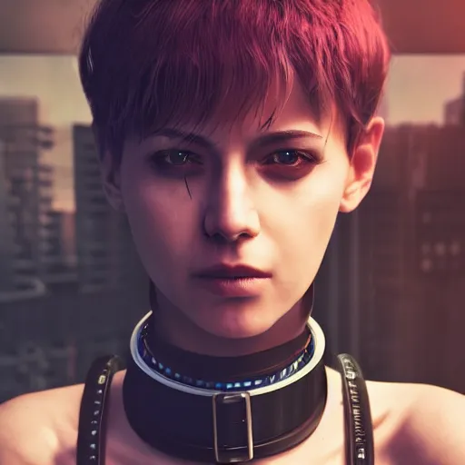 Prompt: realistic female character cyberpunk wearing technological collar around neck, realistic, art, beautiful, 4K, collar, choker, collar around neck, punk, artstation, detailed, female, woman, choker, cyberpunk, punk, collar, choker,