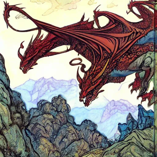 Prompt: dragon flying above mountains by Rebecca Guay Magic the Gathering