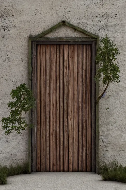 Prompt: a huge wooden door made by two slabs with live edge, rush plant ornaments bright metalllic, stone wall, photorealistic, octane render, volumetric light, high definition, ultra detailed, artstation, deviantart, cgsociety