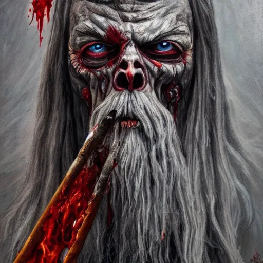 Prompt: zombie gandalf, gritty, veins, blood, bone, horror oil painting masterpiece, very detailed, intricate, trending on artstation