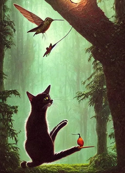 Image similar to a hyper realistic illustrated cat with playing with a hummingbird on its paw in the woods gorgeous lighting, lush forest foliage painting by chiara bautista and beksinski and norman rockwell and greg rutkowski weta studio, and lucasfilm