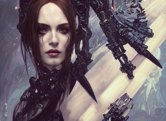 Image similar to beautiful pale gothic maiden with sword killing Nicolas Cage, warhammer 40000, cyberpunk, intricate, elegant, highly detailed, digital painting, artstation, concept art, smooth, sharp focus, illustration, art by artgerm and greg rutkowski and alphonse mucha and Gustav Klimt and Ilya Kuvshinov