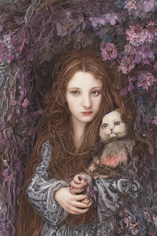 Image similar to An extremely beautiful pre-raphaelite portrait of a cute witch and her cat, surreal, ultradetailed, intricate, elegant, detailed, digital painting, artstation, concept art, smooth, sharp focus, illustration, regal, award winning picture, extremely detailed masterpiece, sense of awe, featured on artstation, Artgerm, effervescent punk kawaii-noir pastel bubbles, winning award piece, ethereal rainbows, Aetherpunk, Exquisite details