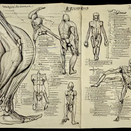 Image similar to full page scan of 1400s detailed human thigh concept art, architectural section, plan drawing, page, paper, parchment, papyrus, fantasy, horror, occult, diagram, informative texts, graphs, notes, scribbles, human thigh anatomy anatomical, blur