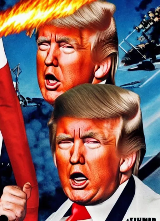 Image similar to an 8 0's john alvin action movie poster of donald trump starring in dumpster fire. explosions.