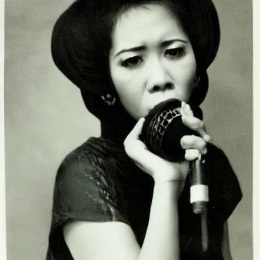 Image similar to vintage photograph of indonesian female singer, haunting expression