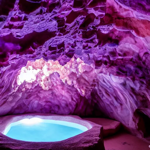 Image similar to photo inside an amethyst cave with a hot spring, highly detailed, 8k,