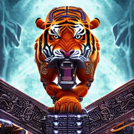 Image similar to 3 d breathtaking cool beautiful mayan ornate biomechanical coloured tiger, isometric perspective, 8 k octane render