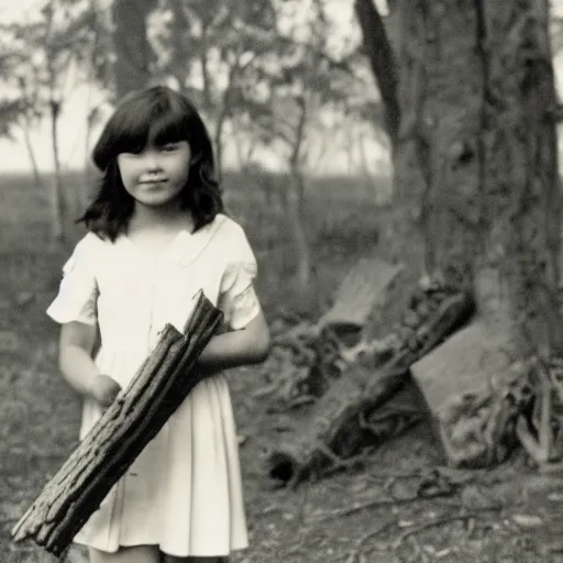 Image similar to a middle-school girl with short brown hair wearing a white dress and holding a bundle of firewood, high resolution film still