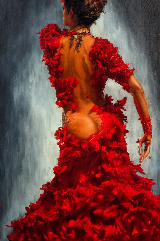 Prompt: detailed oil painting of spanish flamenco dancer wearing a red dress made of flowers, engulfed in flames, she's standing waist deep in water, dimly lit, looking away, dark shadows, ethereal, foggy, moody, surreal, high definition, 4 k, slr